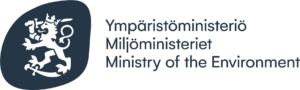 Ympäristöministeriön logo, jossa on miekkaa kädessä pitävän, seisovan leijonan symboli ja teksti "Ympäristöministeriö".