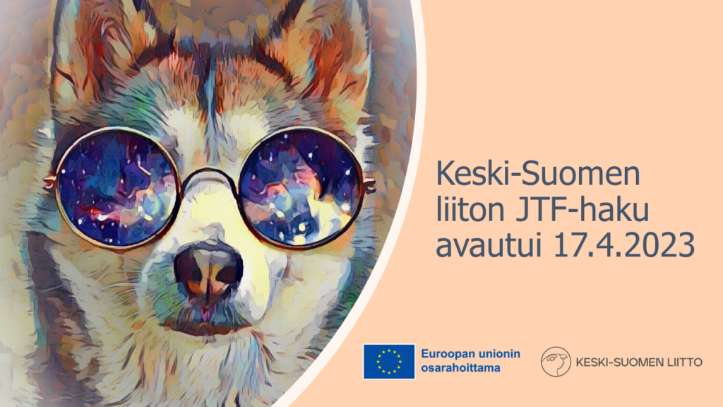 Otsikkokuva "Keski-Suomen liiton JTF-haku avautui 17.4.2023", kuvassa on pehmeillä sävyillä maalattu susi, jolla on aurinkolasit päässä.