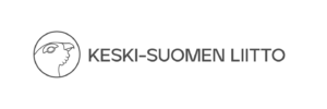 Keski-Suomen liiton logo, jossa lukee tumman harmaalla "Keski-Suomen liitto". Tekstin edessä on harmaan ympyrän sisään tyylitelty metson pää. 