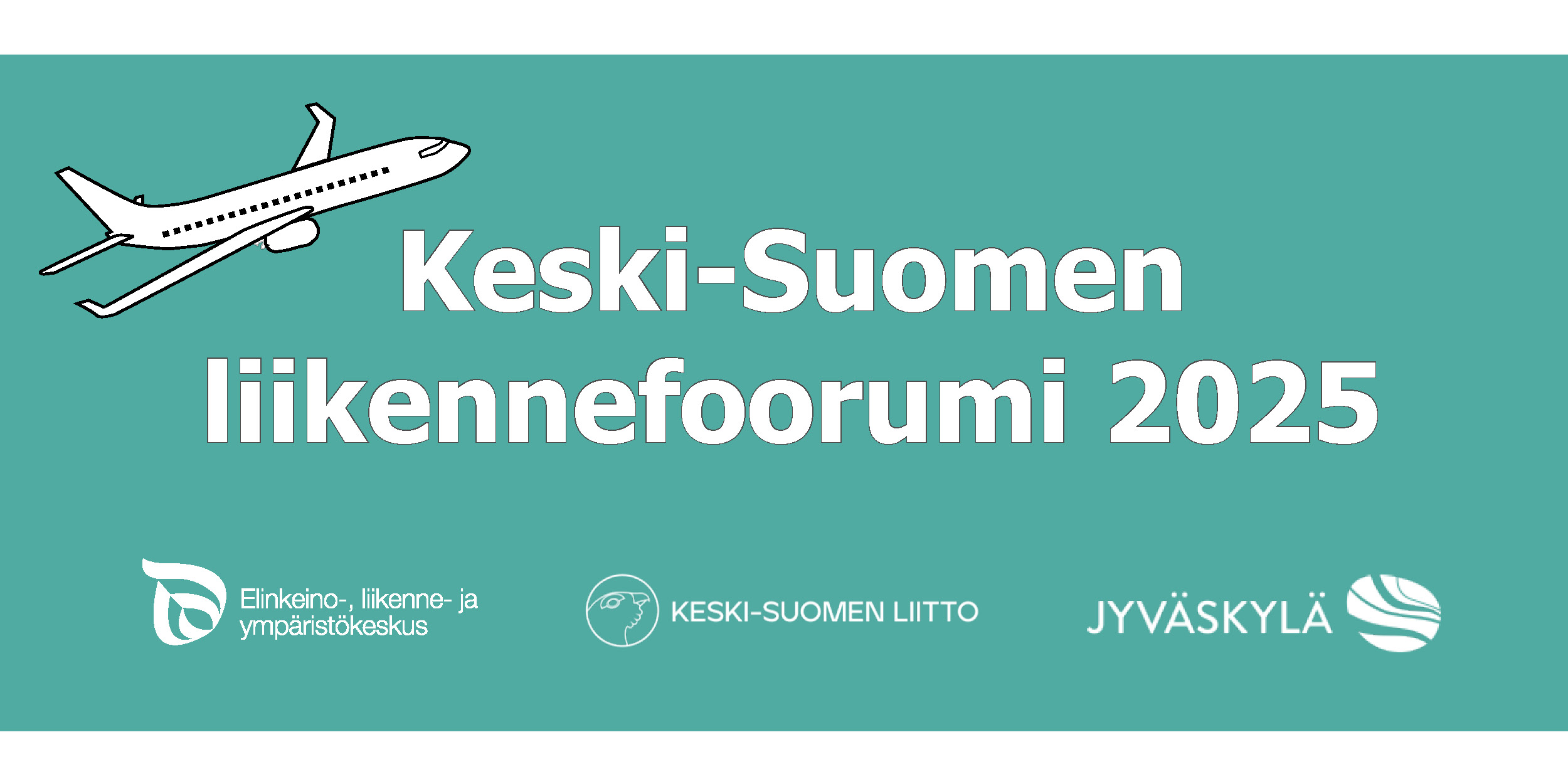 Yksinkertaisesti piirretty lentokoneen ääriviivat ja teksti: "Keski-Suomen liikennefoorumi 2025". Tekstin alla on Elinkeino-, liikenne- ja ympäristökeskuksen, Keski-Suomen liiton ja Jyväskylän kaupungin logot.